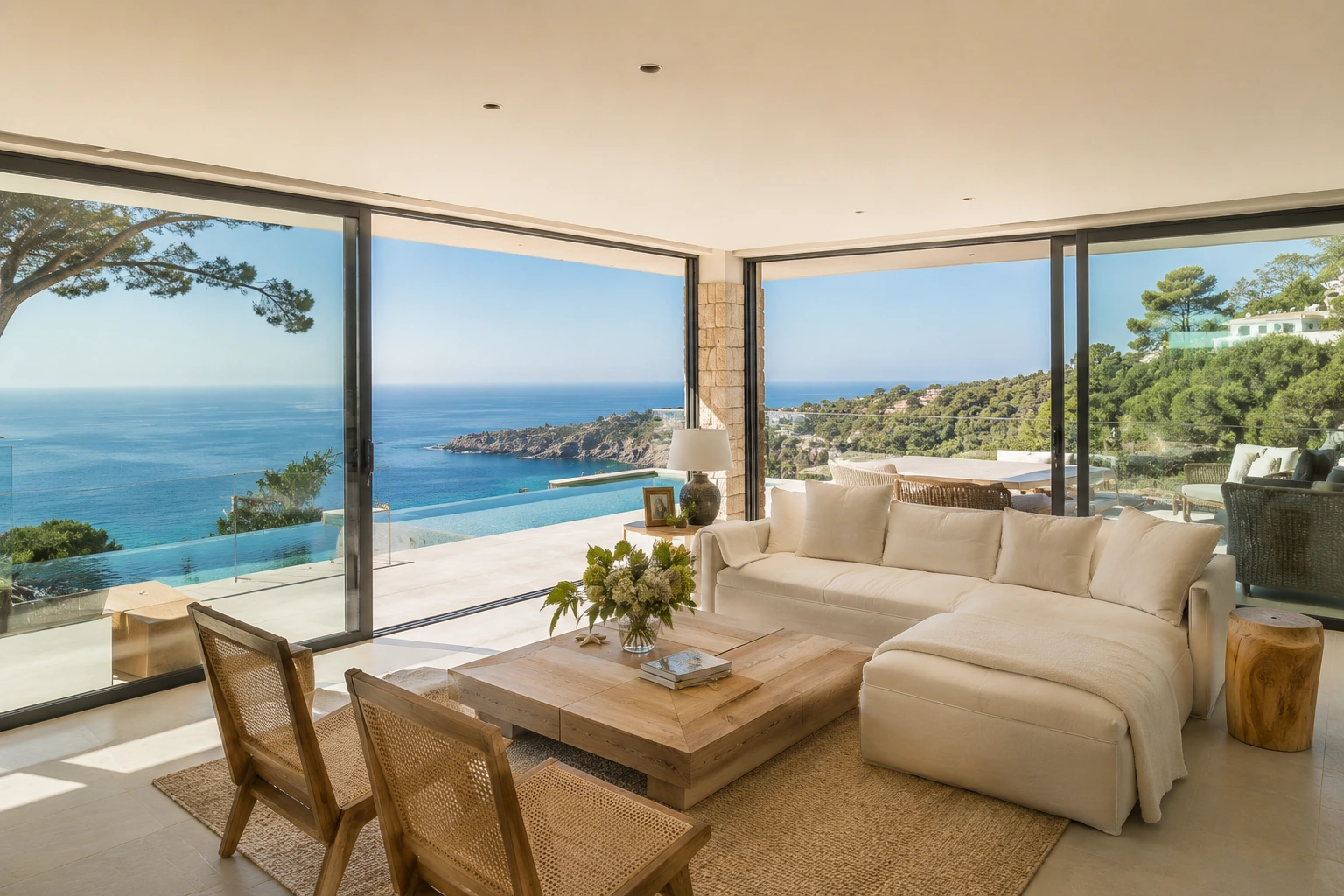 Jasne śródziemnomorskie wnętrze z widokiem na morze – Formentera Studio